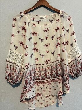Cato Cream and Burgundy Floral Crochet-Sleeve Peasant Blouse